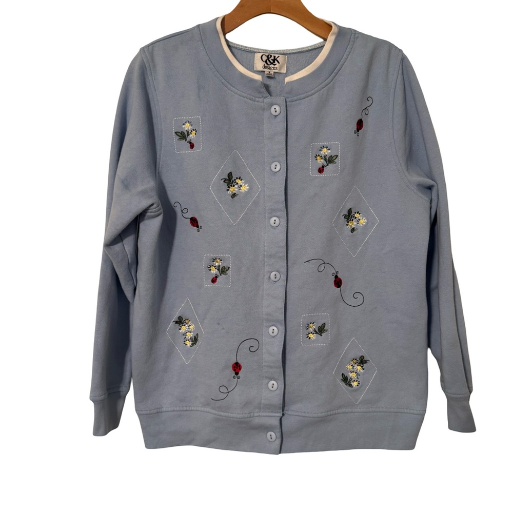 90s Grandmacore Cottagecore Floral Embroidered Button Cardigan Sweatshirt Small